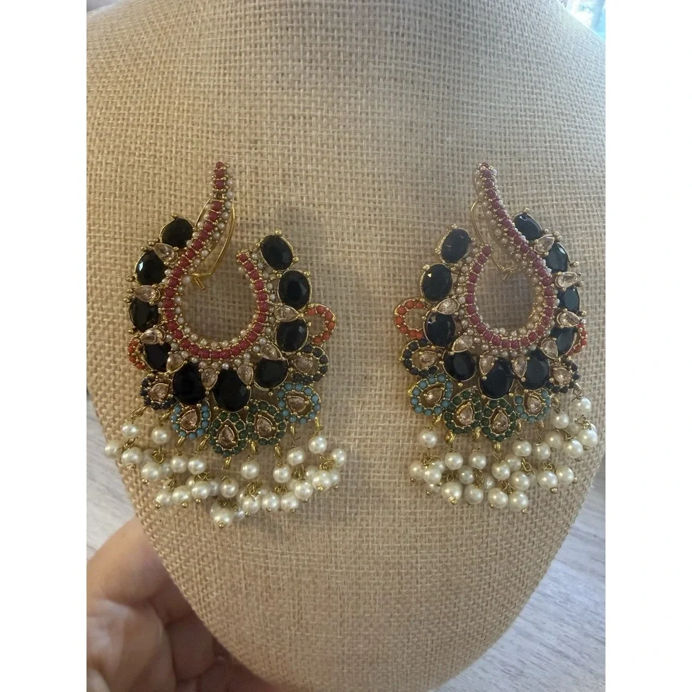 Black And Multicolor Turkish Statement Earrings Gold‎ Tone Pierced Double Lock